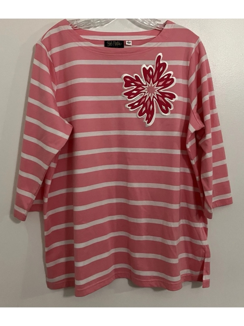Bob Mackie Top Large Pink Floral Embroidered Striped Art To Wear Knit Popover